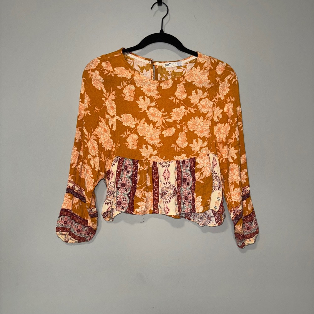 Jolt‎ Womens Medium Mustard Yellow Floral Mixed Print Peplum Crop Top Boho